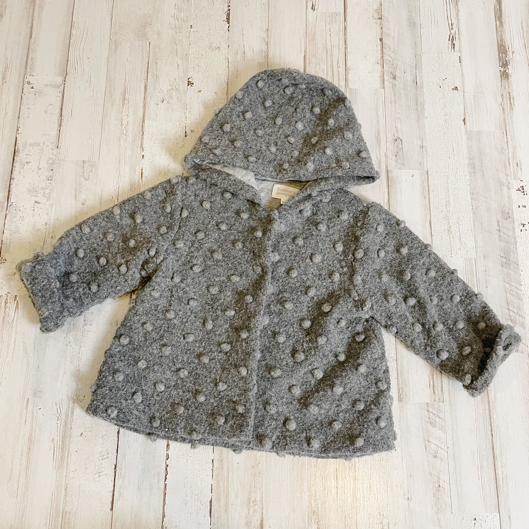 Bonnet A Pompon | Girls Gray Wool Blend Snap Front Hooded Cardigan | Size: 12M