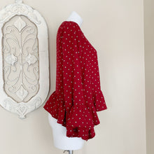 Load image into Gallery viewer, Harlowe &amp; Graham | Burgundy Pinwheel Print Ruffle Long Sleeve Top | Size: XS
