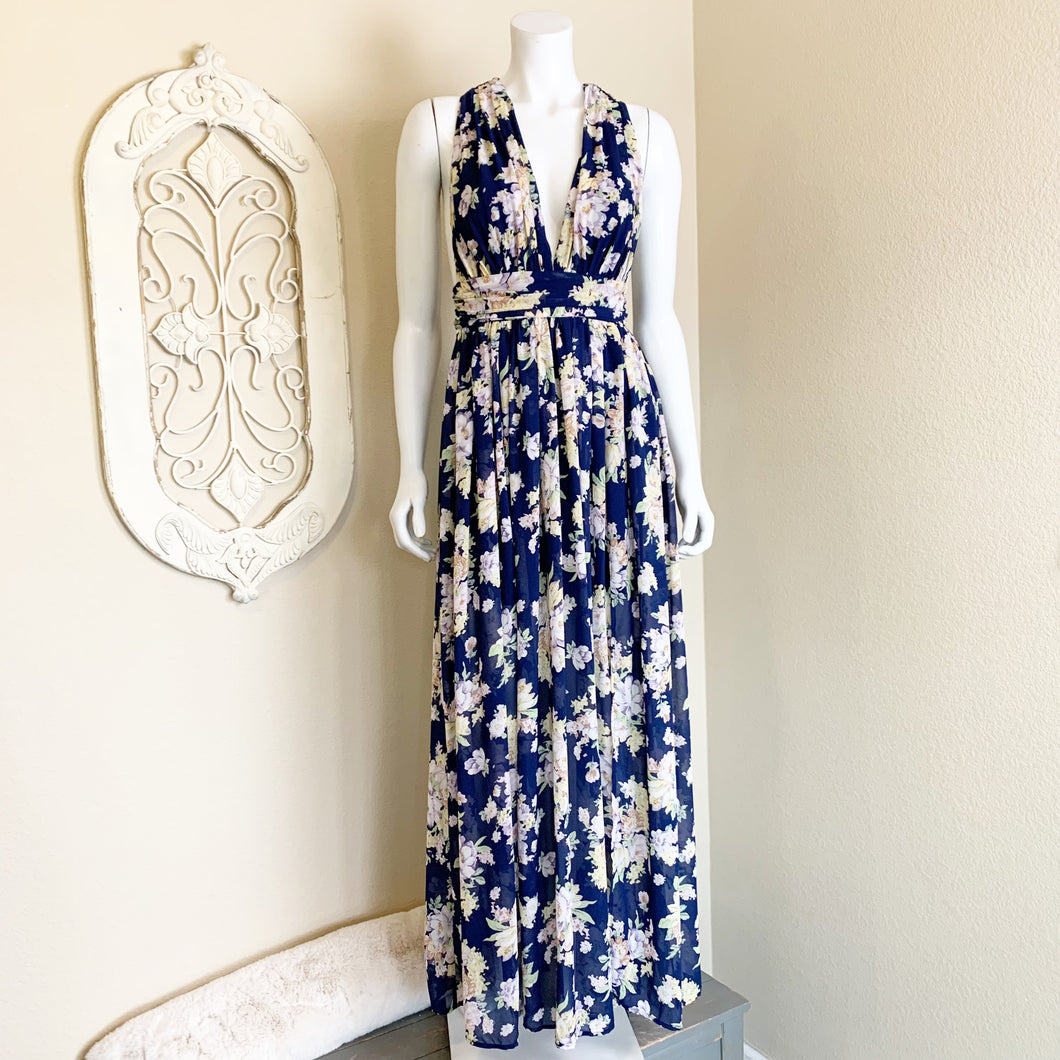 Aakaa | Women's Navy Floral Print Maxi Dress with Tags | Size: S