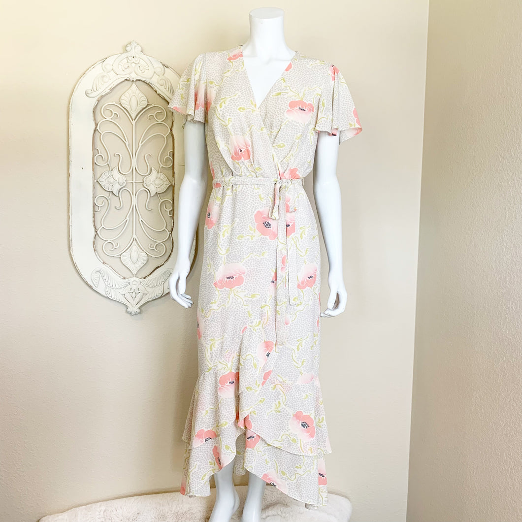 Rachel Roy | Women's Cream, Gray, Pink Poppy Print Flower Ruffle Dress | Size: 8