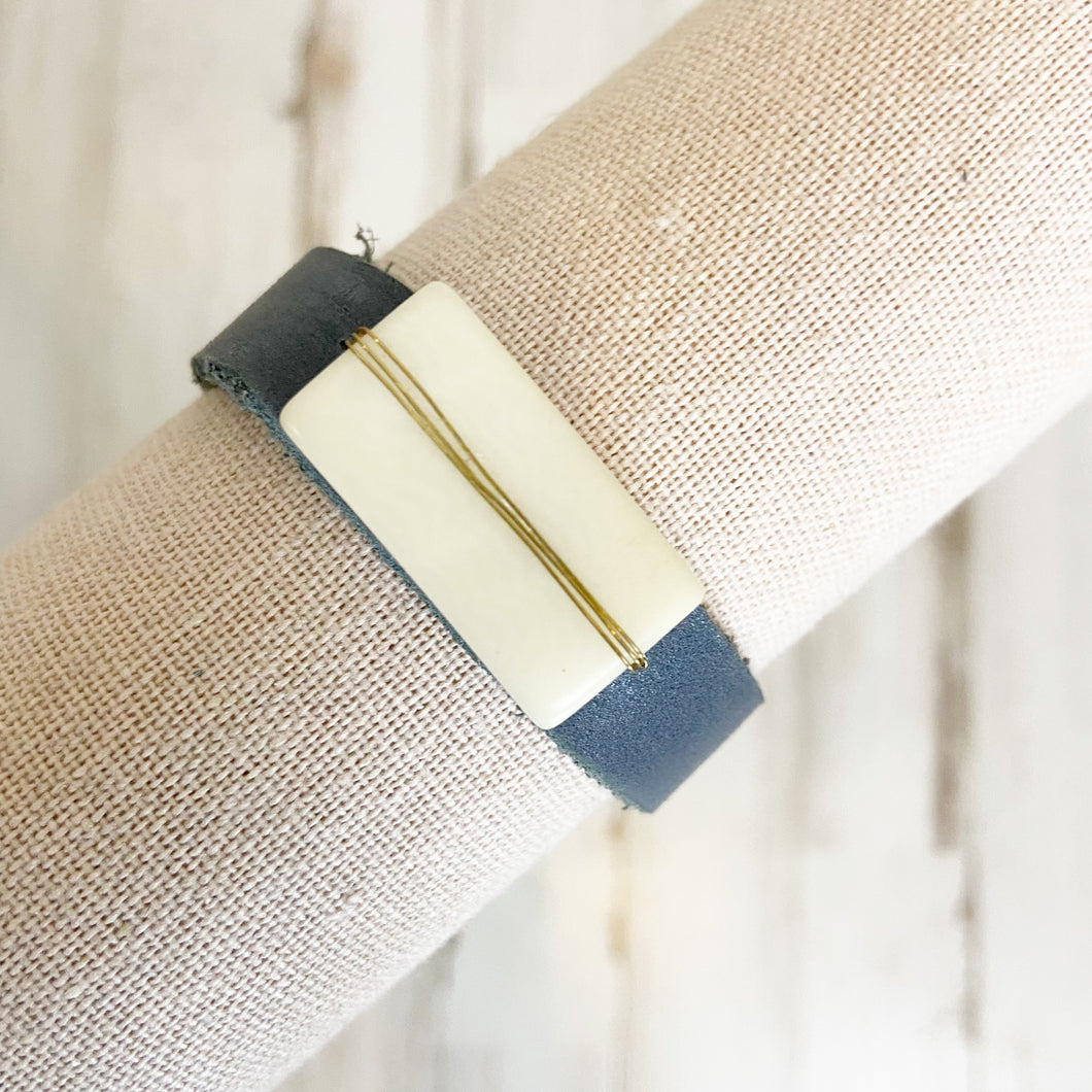 Women's Boho Gray Leather Strap Bracelet with Ivory Stone and Gold Wire