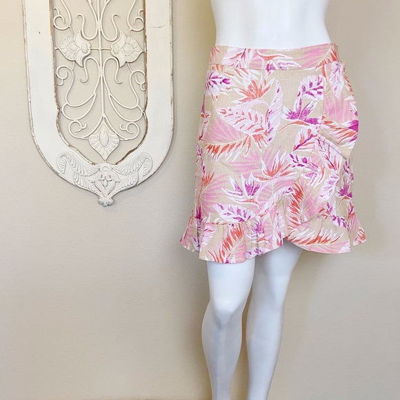 Karlie | Women's Pink and Tan Tropical Print Linen Faux Wrap Skirt | Size: M