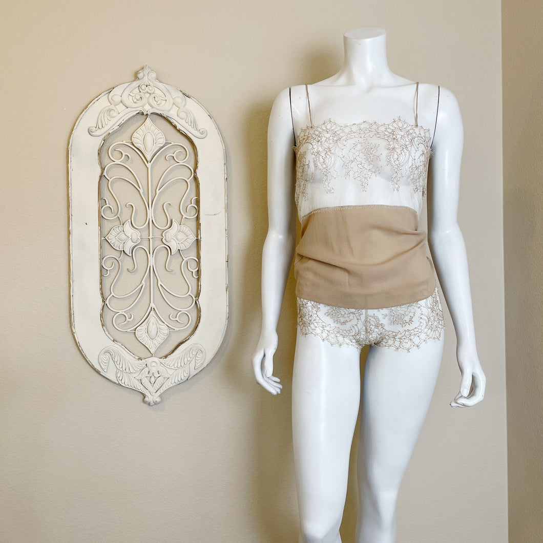 Euclid | Women's Tan and Ivory Lace Silk Blend Cami and Panty Lingerie Set | Size: S