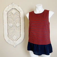 Load image into Gallery viewer, J.Crew | Women&#39;s Sleeveless Red/Navy Striped Top with Ruffle Hem | Size: S
