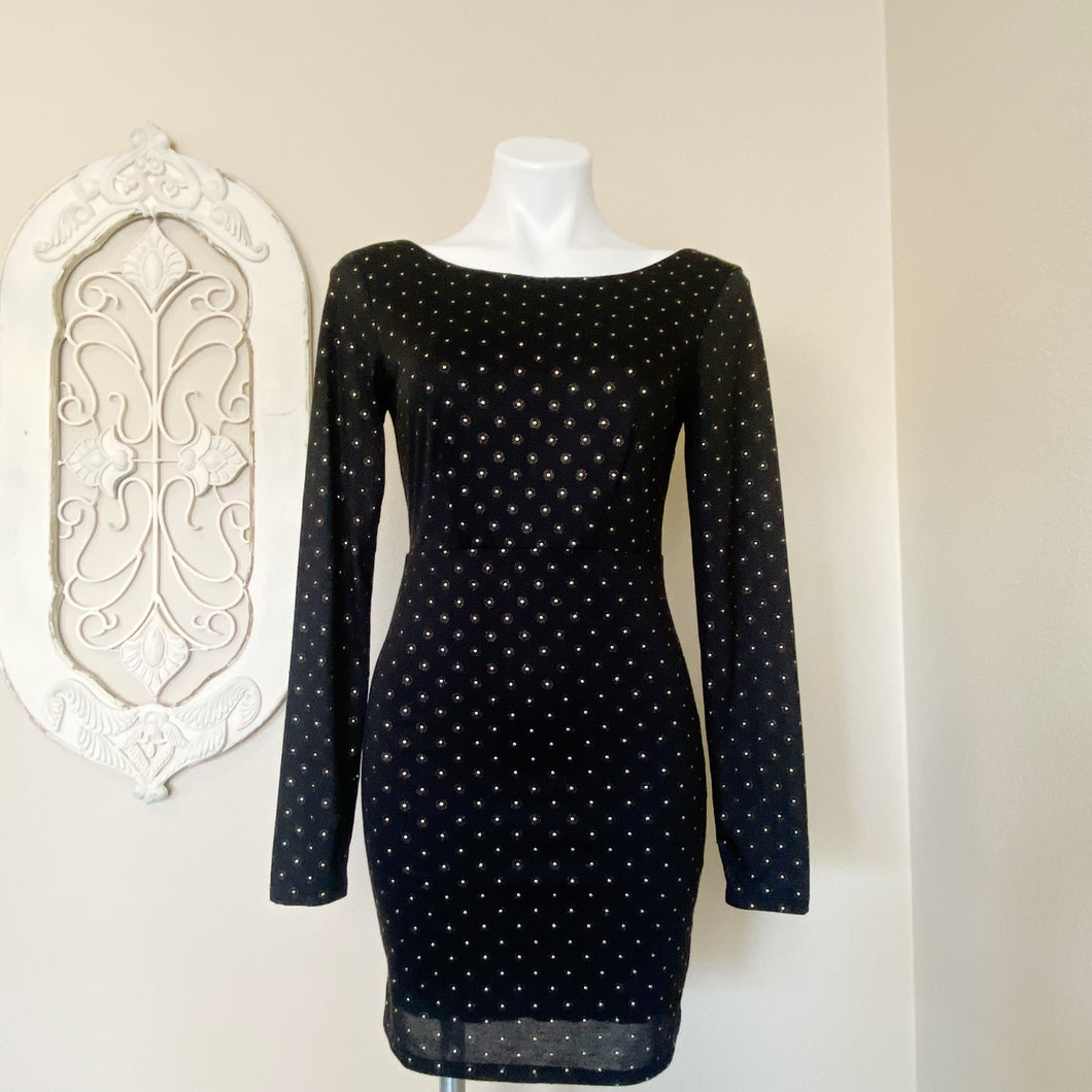 Free People | Womens Black and Gold Dot Dip Back Long Sleeve Fitted Mini Dress | Size: S
