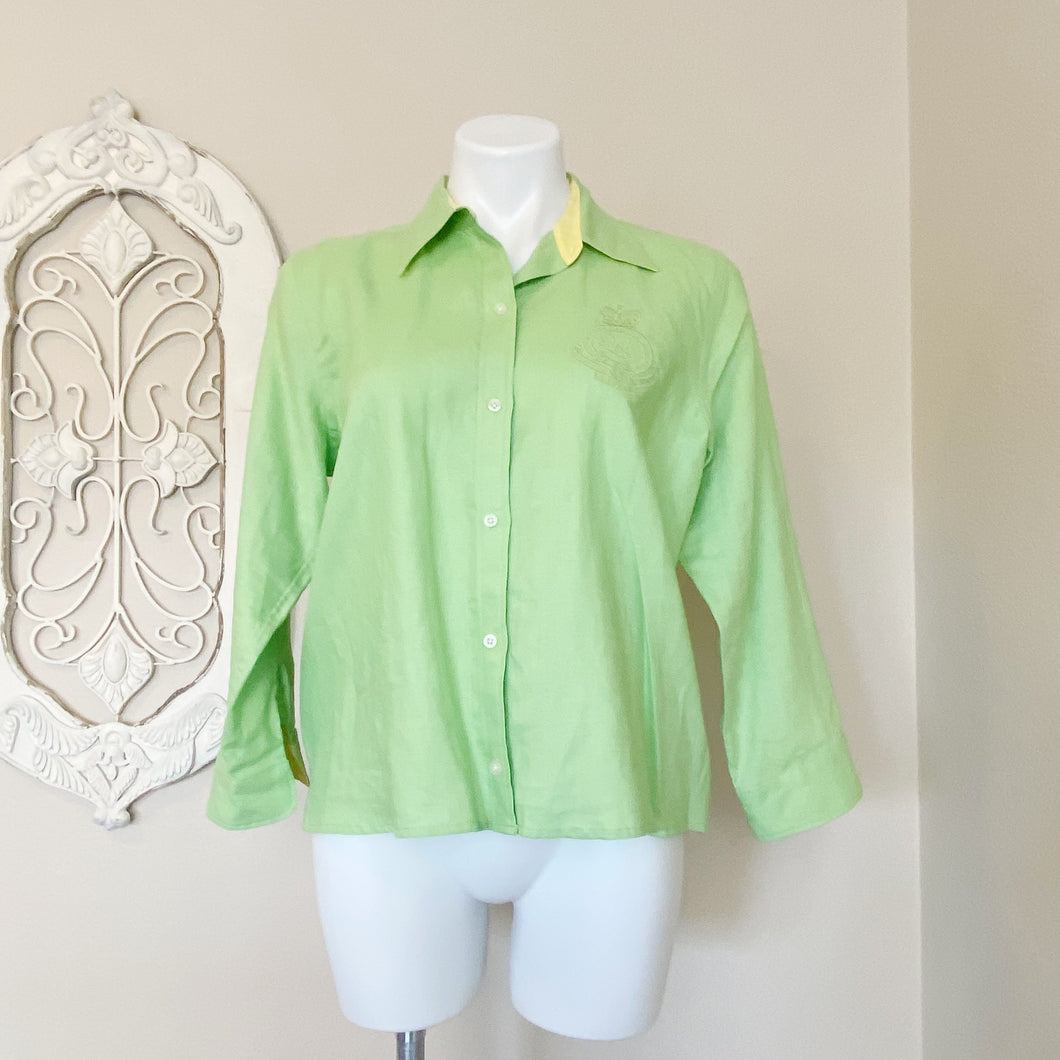 Ralph Lauren | Womens Lime Green Linen Button Down Embroidered Seal Top | Size: L