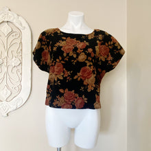 Load image into Gallery viewer, Womens Vintage Black Velour Oversized Rose Print Short Sleeve Box Crop Top | Size: M
