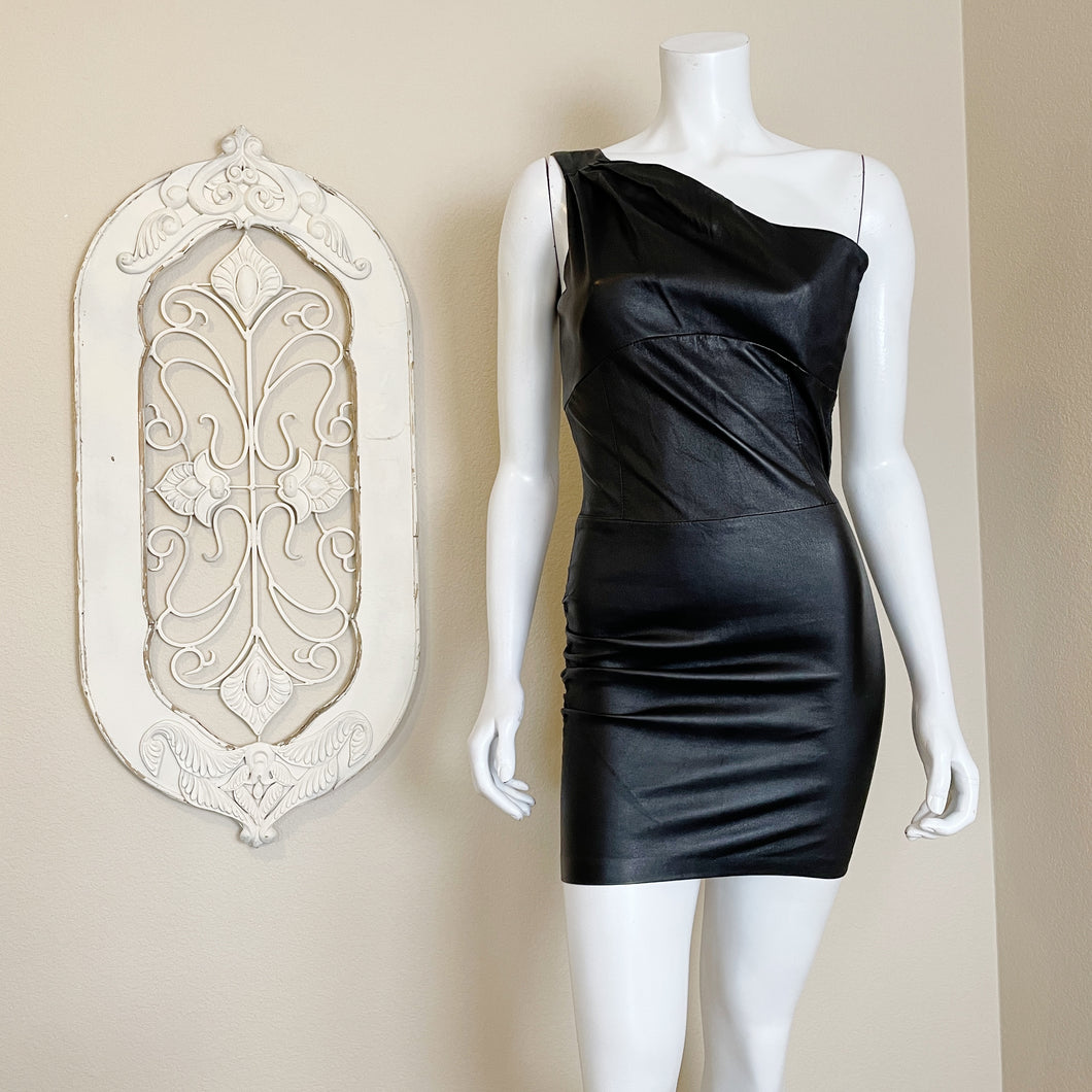 Maje | Women's Black Lamb Leather One Shoulder Mini Dress | Size: S
