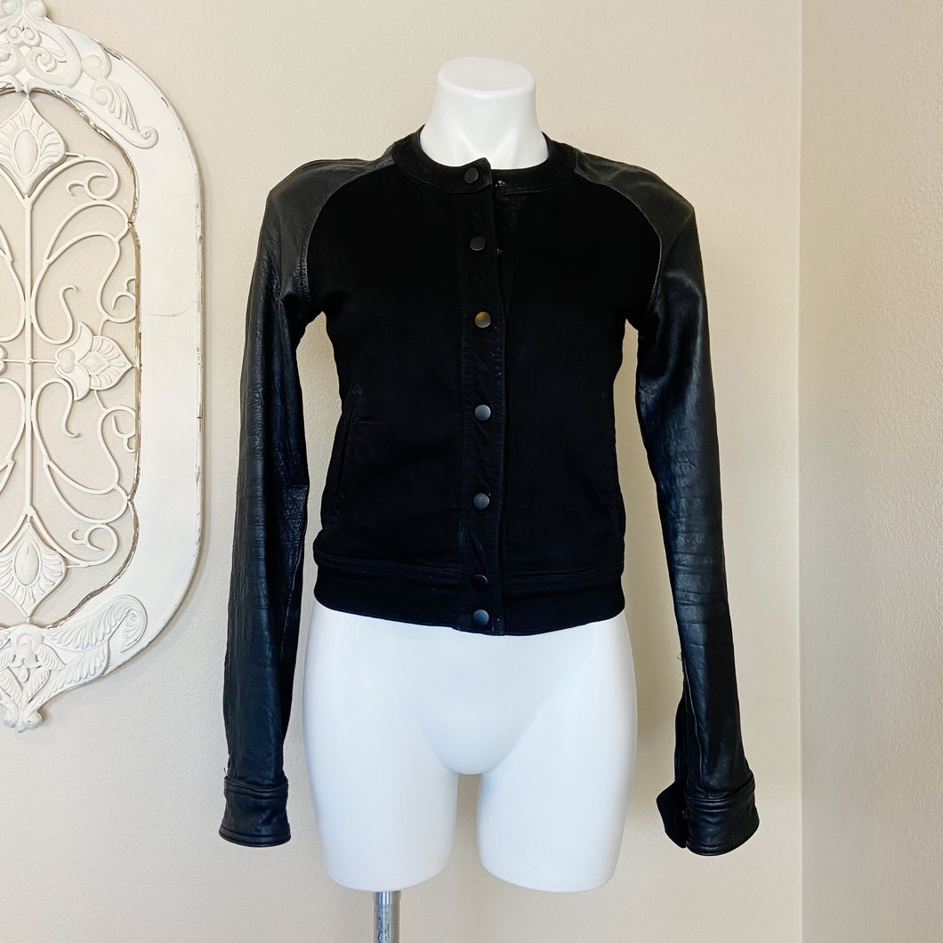 Joe's | Womens Black Leather and Denim Mixed Media Crop Snap Jacket | Size: XS