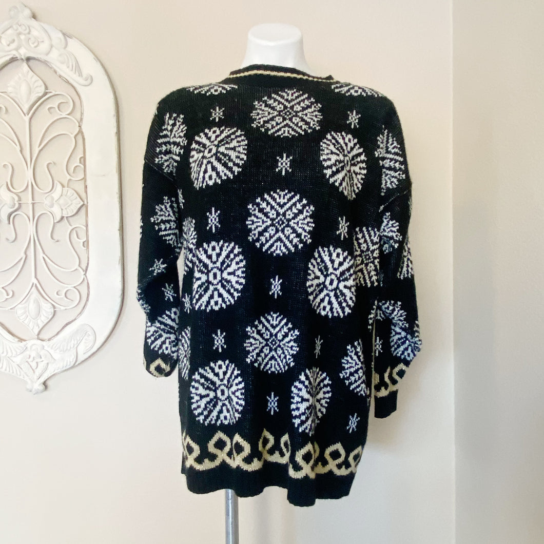 Trimmings | Womens Vintage Black and White Metallic Snowflake Pullover Sweater | Size: M