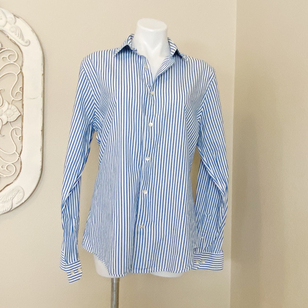 Express | Womens Blue and White Stripe Extra Slim Fit Button Down Shirt | Size: L