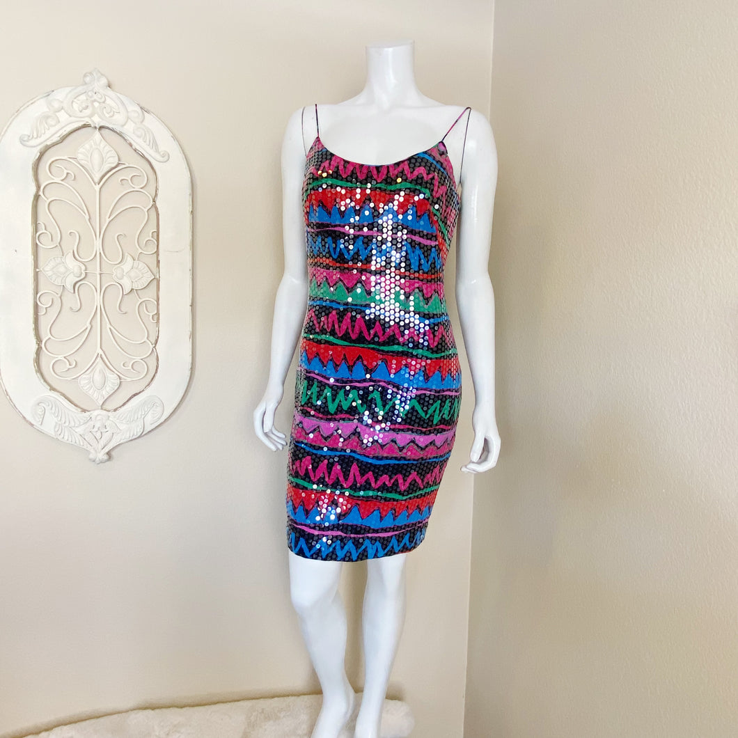 A.J. Bari | Womens Saks Fifth Avenue Colorful Silk Vintage Tribal Print Sequin Dress with Tags | Size: 4