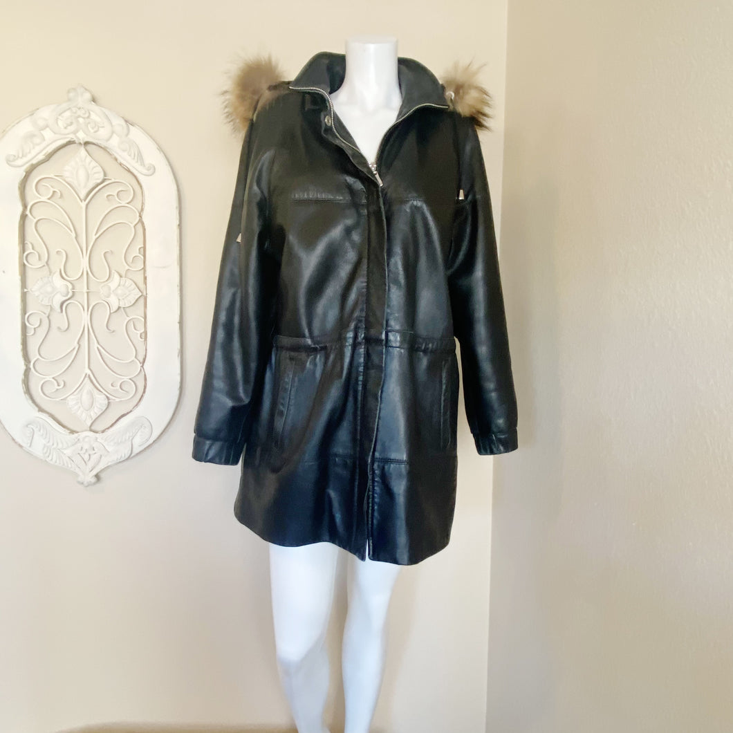 Damselle | Womens Black Vintage Leather Coat with Fur Lined Hood | Size: 12