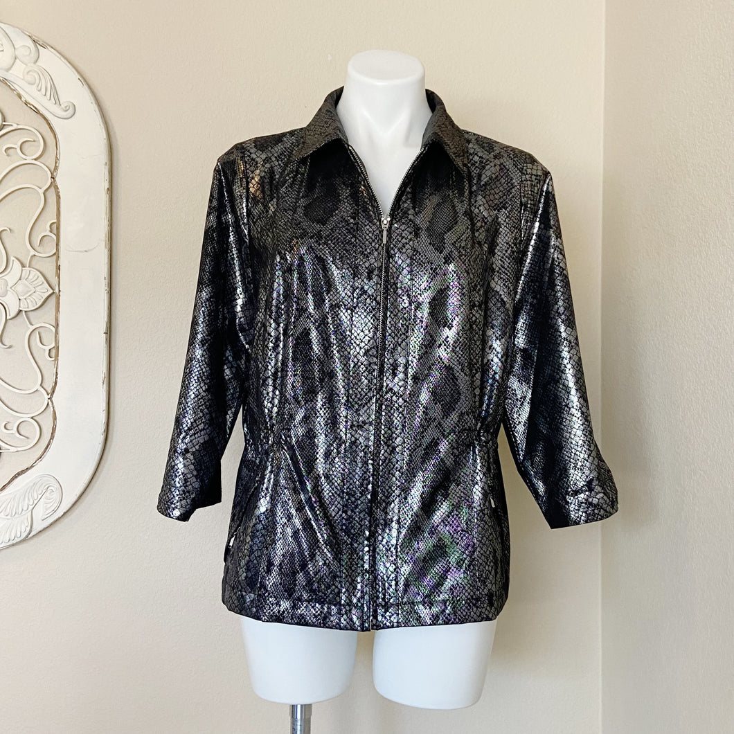 Chico's | Womens Metallic Silver Zenergy Snakeskin Print Zip Jacket | Size: 8