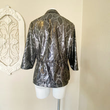 Load image into Gallery viewer, Chico&#39;s | Womens Metallic Silver Zenergy Snakeskin Print Zip Jacket | Size: 8
