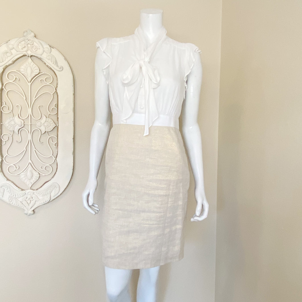 Loft | Womens White Ruffle Oatmeal Metallic Linen Bottom Shift Dress | Size: 2