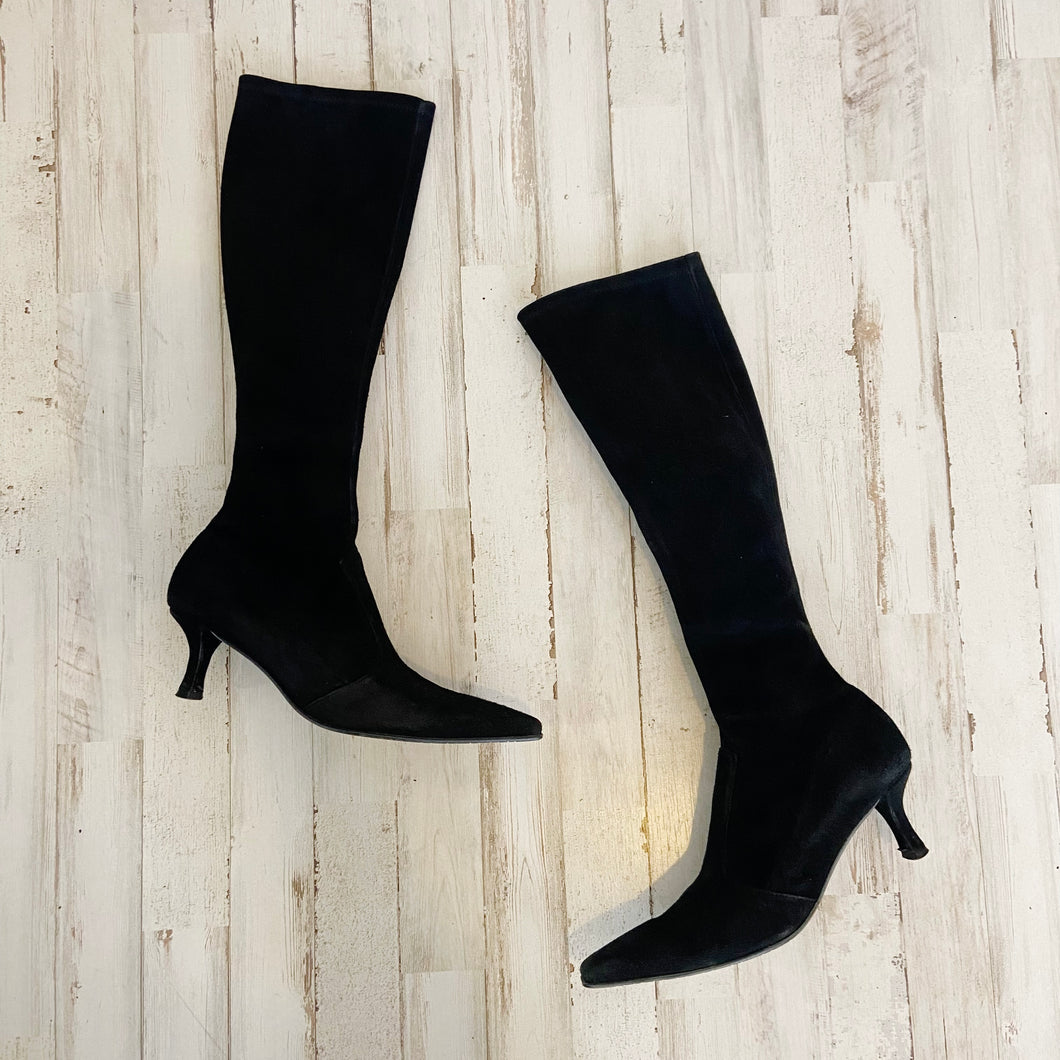 Stuart Weitzman | Womens Black Suede Leather Pointed Toe Kitten Heel Sock Boots | Size: 6
