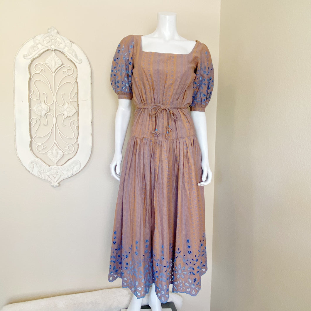 Joie | Womens Designer Blue and Orange Cotton Linen Blend Midi Dress | Size: XS