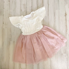 Load image into Gallery viewer, Girl&#39;s Ivory Metallic Lace Top Cap Sleeve Dress with Dusty Rose Tulle Bottom | Size: 2T

