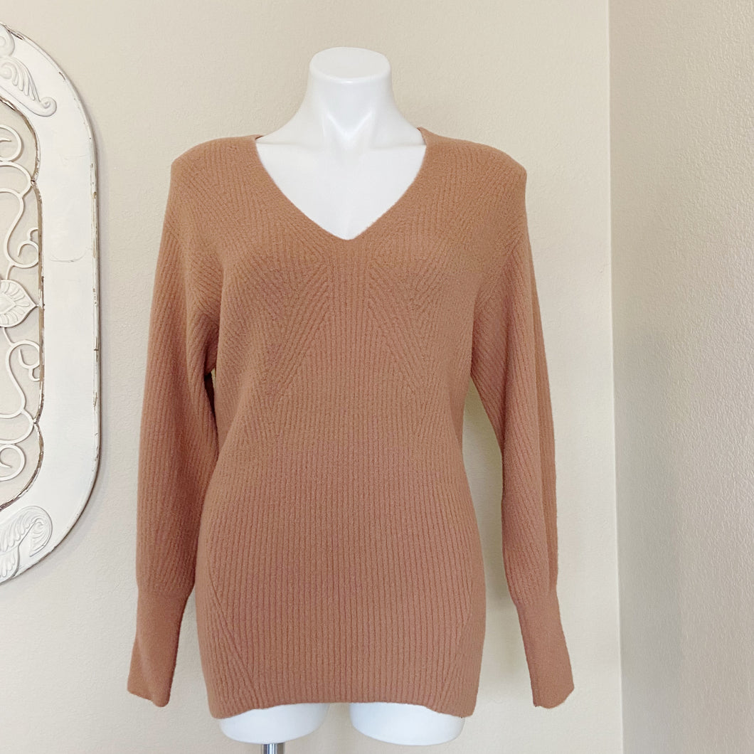 Express | Womens Light Brown Soft Ribbed V Neck Pullover Sweater | Size: XS