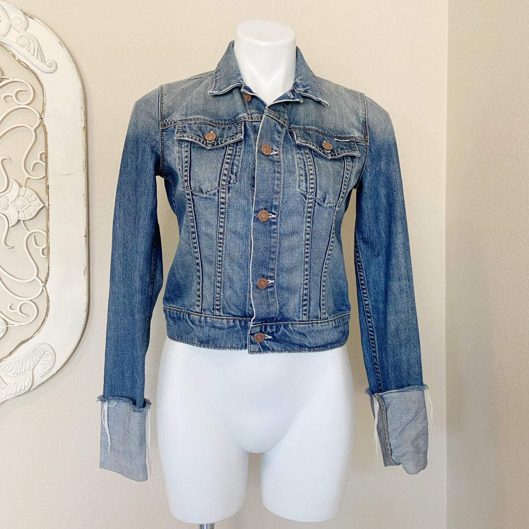 Mother | Womens Medium Wash Pony Boy Crop Denim Jacket | Size: XS