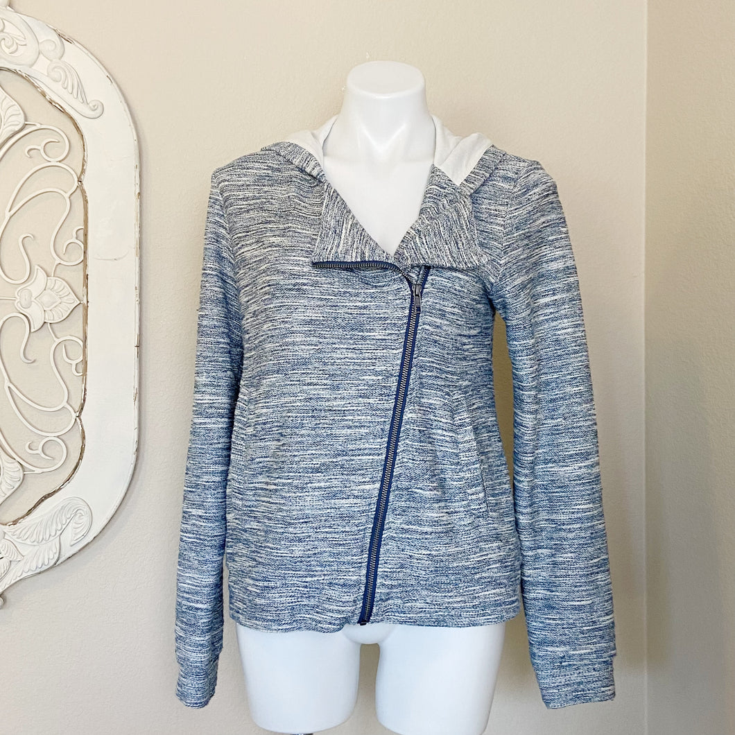 Saturday Sunday | Womens Blue and White Knit Hooded Zip Up Sweater Jacket | Size: M