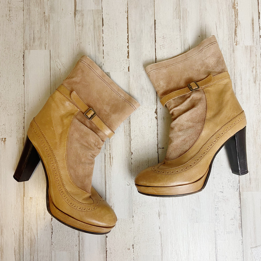 Michael Jolie | Womens Tan Leather Calista Oxford Heel Booties | Size: 40