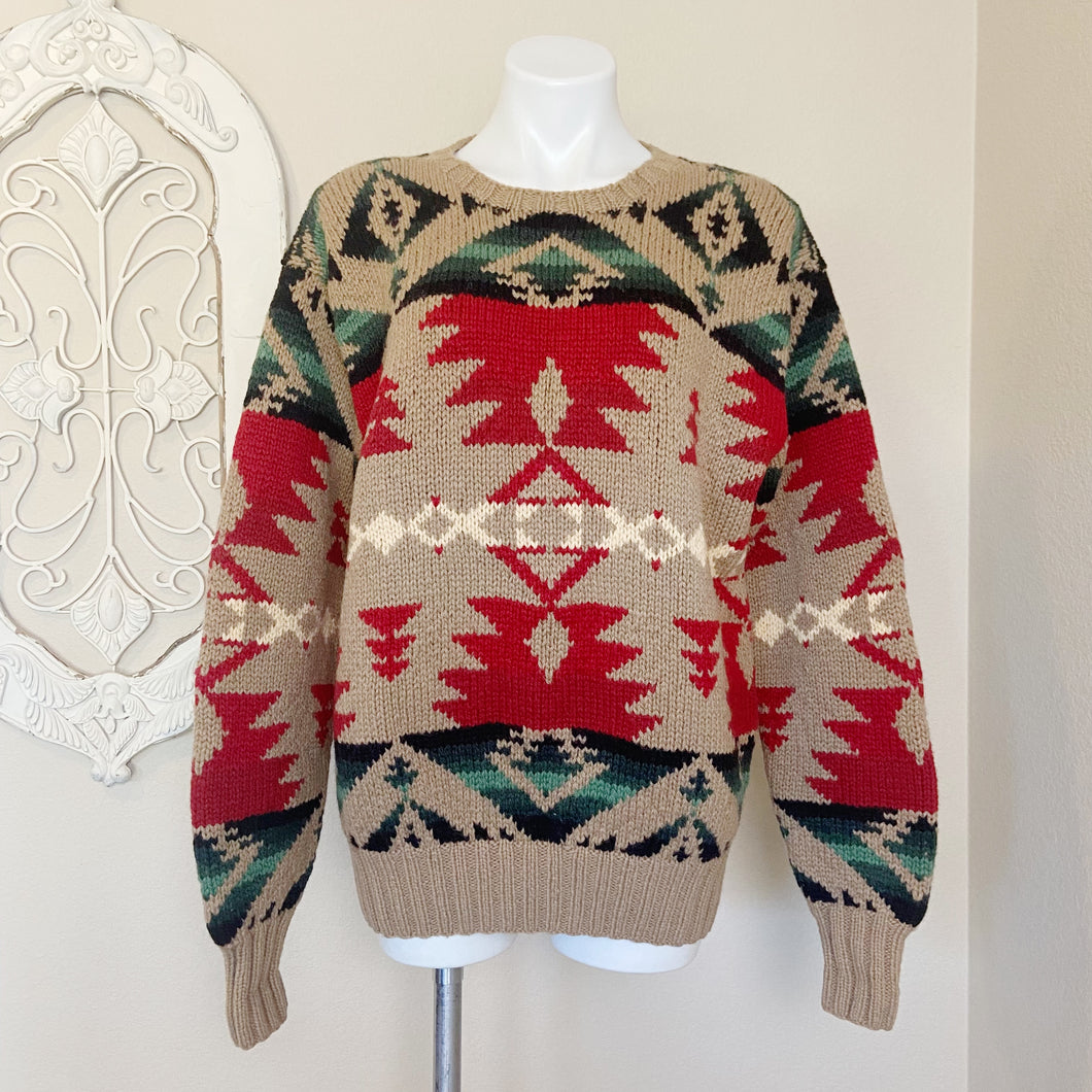 Polo Ralph Lauren | Womens Vintage Tan Tribal Print 100% Wool Hand Knit Pullover Sweater | Size: M