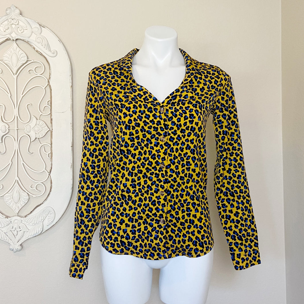 Pretty Little Thing | Womens Yellow and Blue Leopard Print Button Down Long Sleeve Blouse with Tags | Size: 6