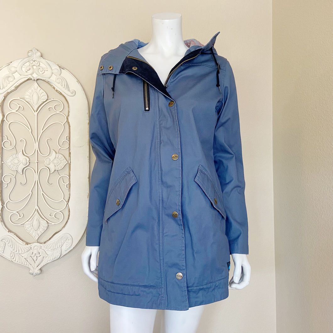 Kavu | Womens Blue Gray Long Soft Shell Hooded Cargo Jacket | Size: S