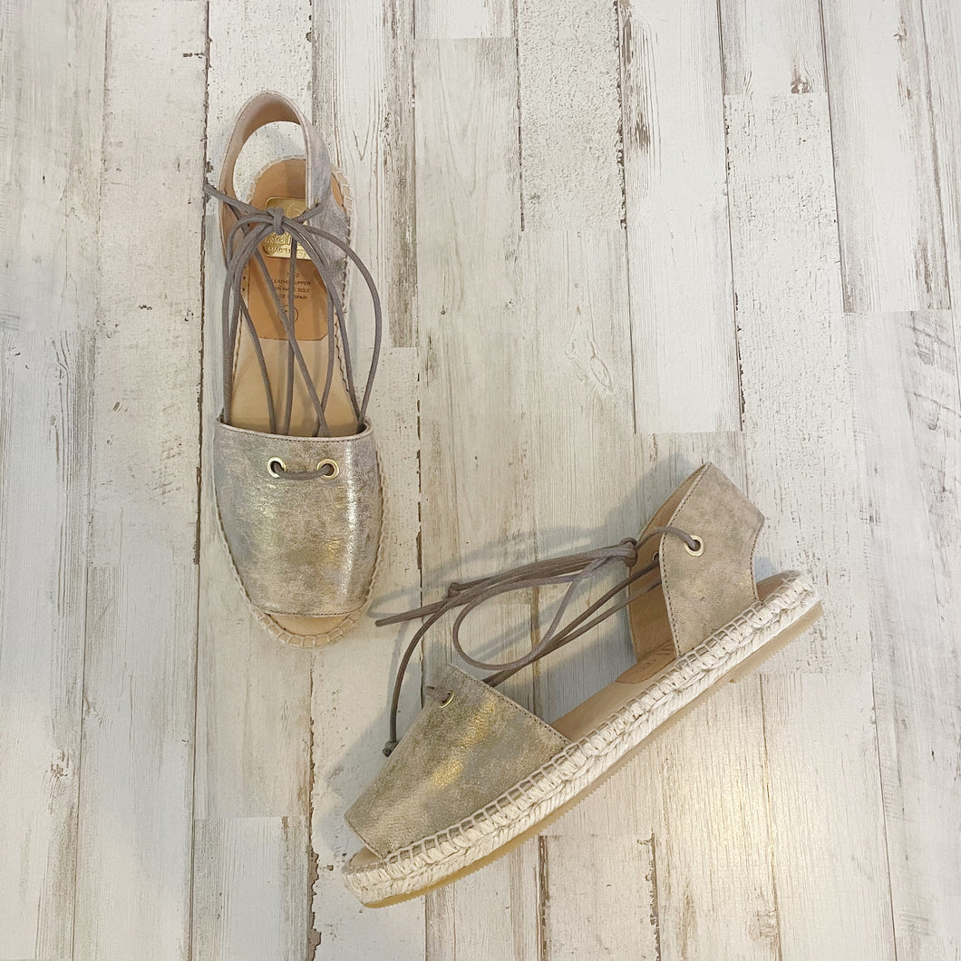 Kanna | Womens Taupe and Gold Lace Espadrille Sandal | Size: 7.5