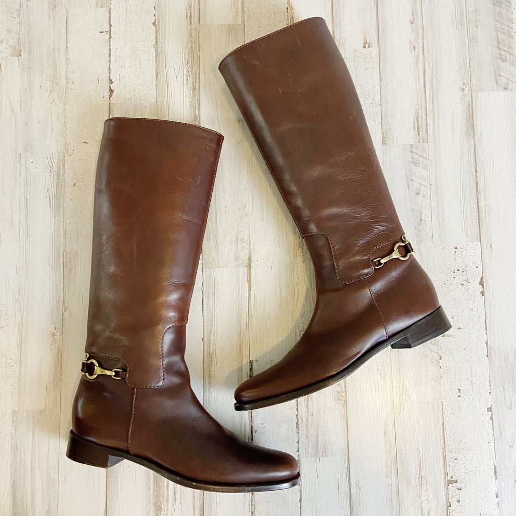 Burberry | Womens Brown Leather Tall Horse Bit Riding Boots | Size: 36.5