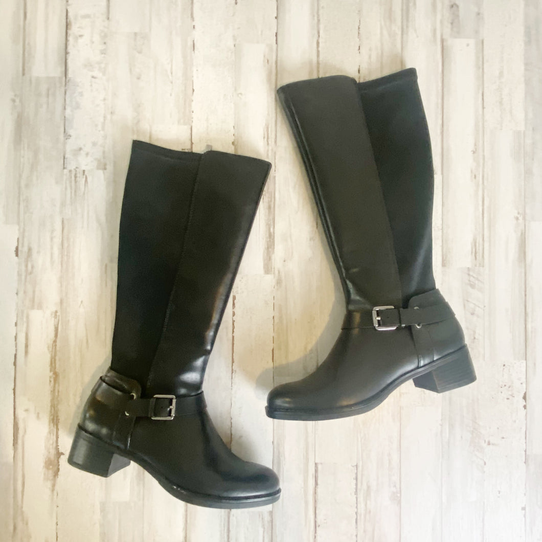 Franco Sarto | Womens Black Leather Pristine Buckle Tall Boots | Size: 8