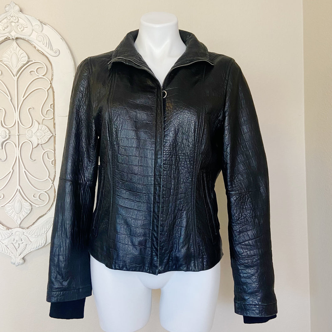 Etcetera | Womens Black Leather Alligator Skin Print Zip Up Leather Jacket | Size: 8