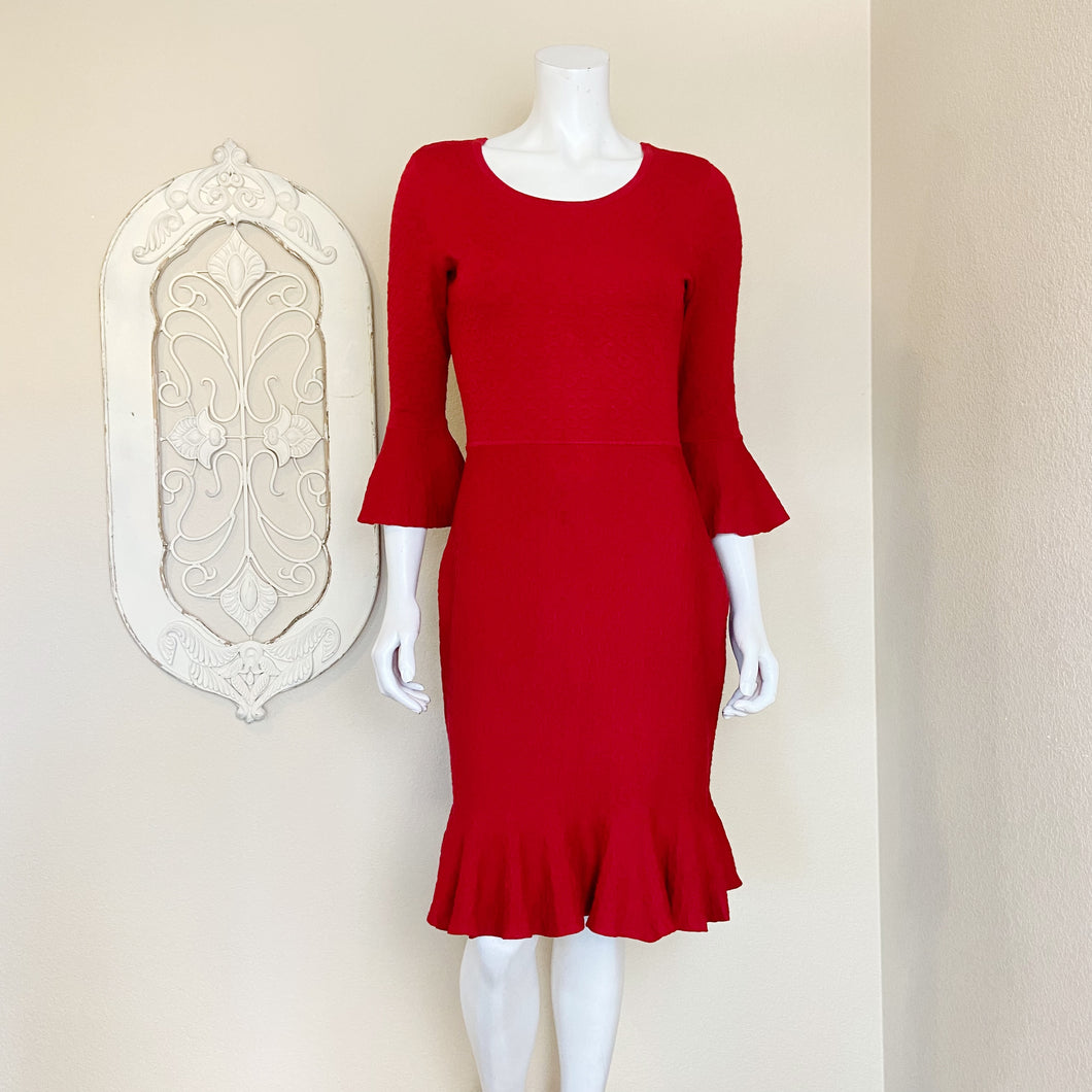 Sandra Darren | Womens Red Knit Circle Pattern Bell Sleeve Sweater Dress | Size: M
