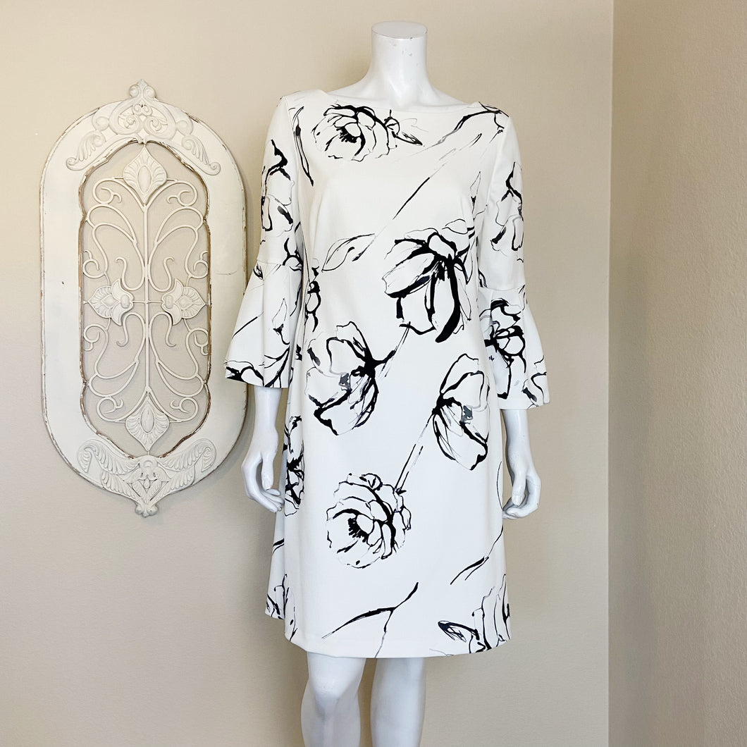 Ralph Lauren | Womens Cream and Black Floral Print Bell Sleeve Shift Dress | Size: 12