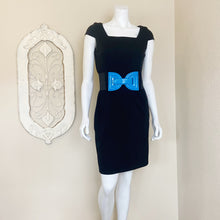 Load image into Gallery viewer, Aqua | Womens Black Funky Blue Chunky Vintage Style Cap Sleeve Fitted Dress | Size: M

