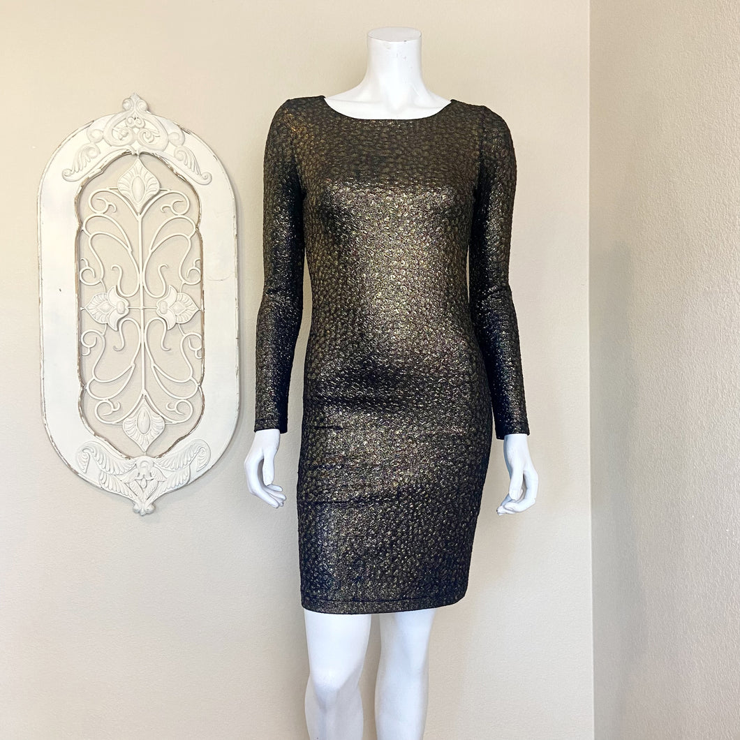 Alice + Olivia | Womens Black and Gold Metallic Long Sleeve Fitted Dress | Size: S