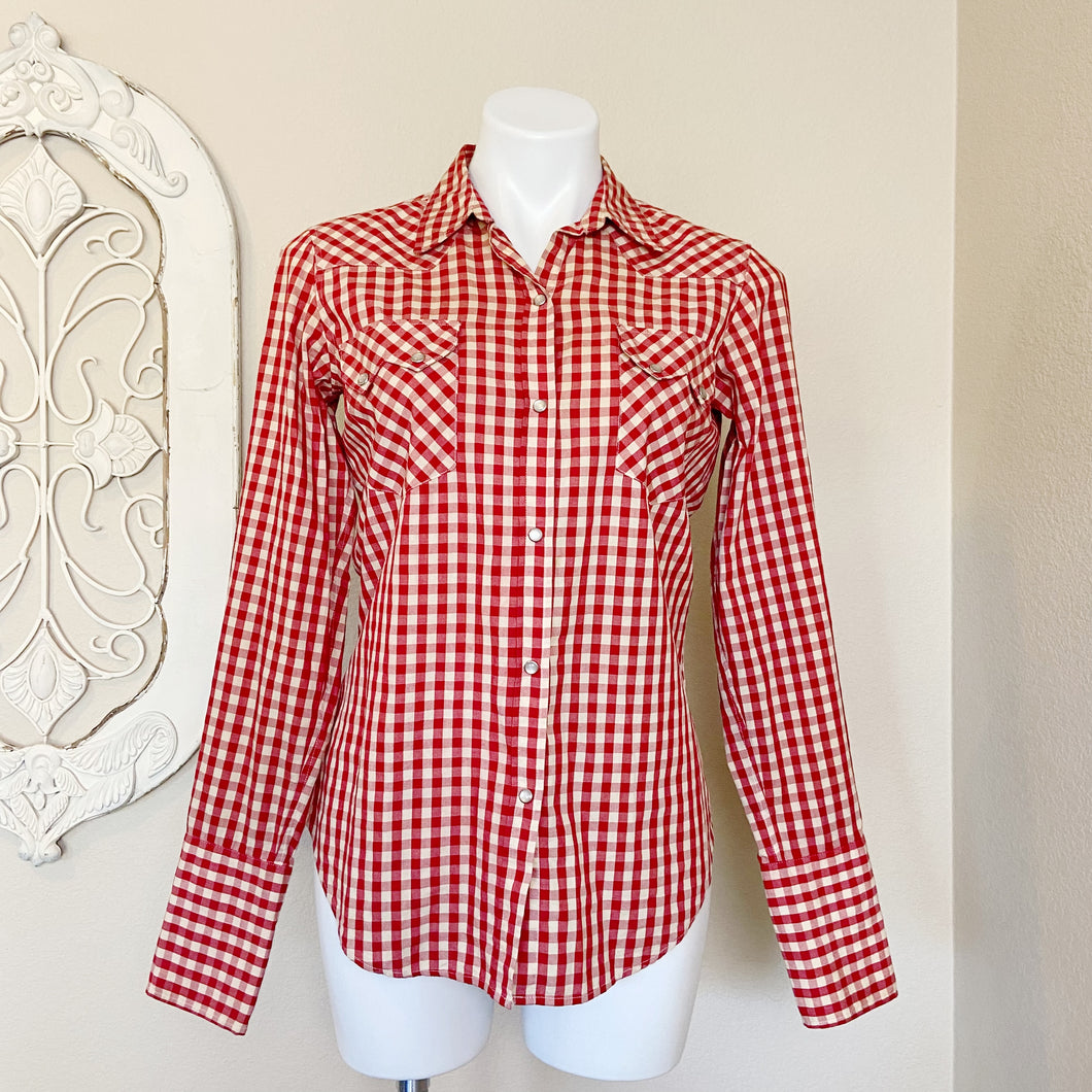 Nili Lotan | Womens Red and Cream Plaid Snap Front Cowgirl Shirt | Size: XS