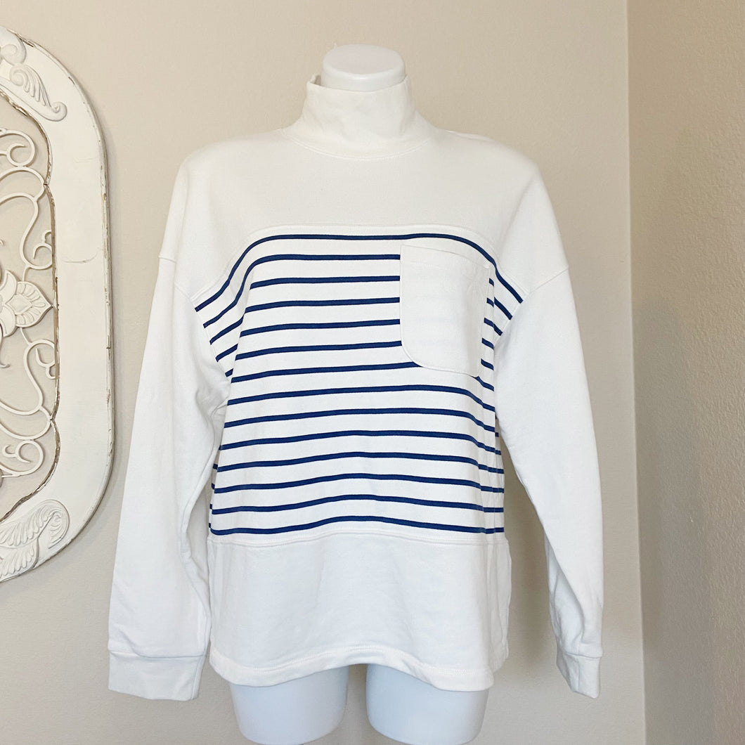 Madewell | Womens Cream and Navy Stripe Turtleneck Pullover Top | Size: L