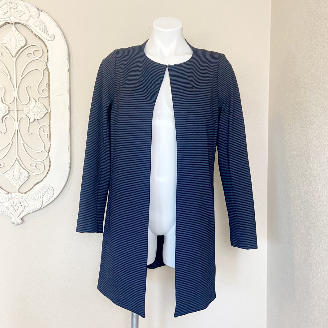 Amanda + Chelsea | Womens Gray and Black Stripe Long Open Blazer Jacket | Size: M