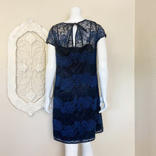 Load image into Gallery viewer, Loft | Womens Black and Blue Lace Overlay Short Sleeve Dress | Size: 12
