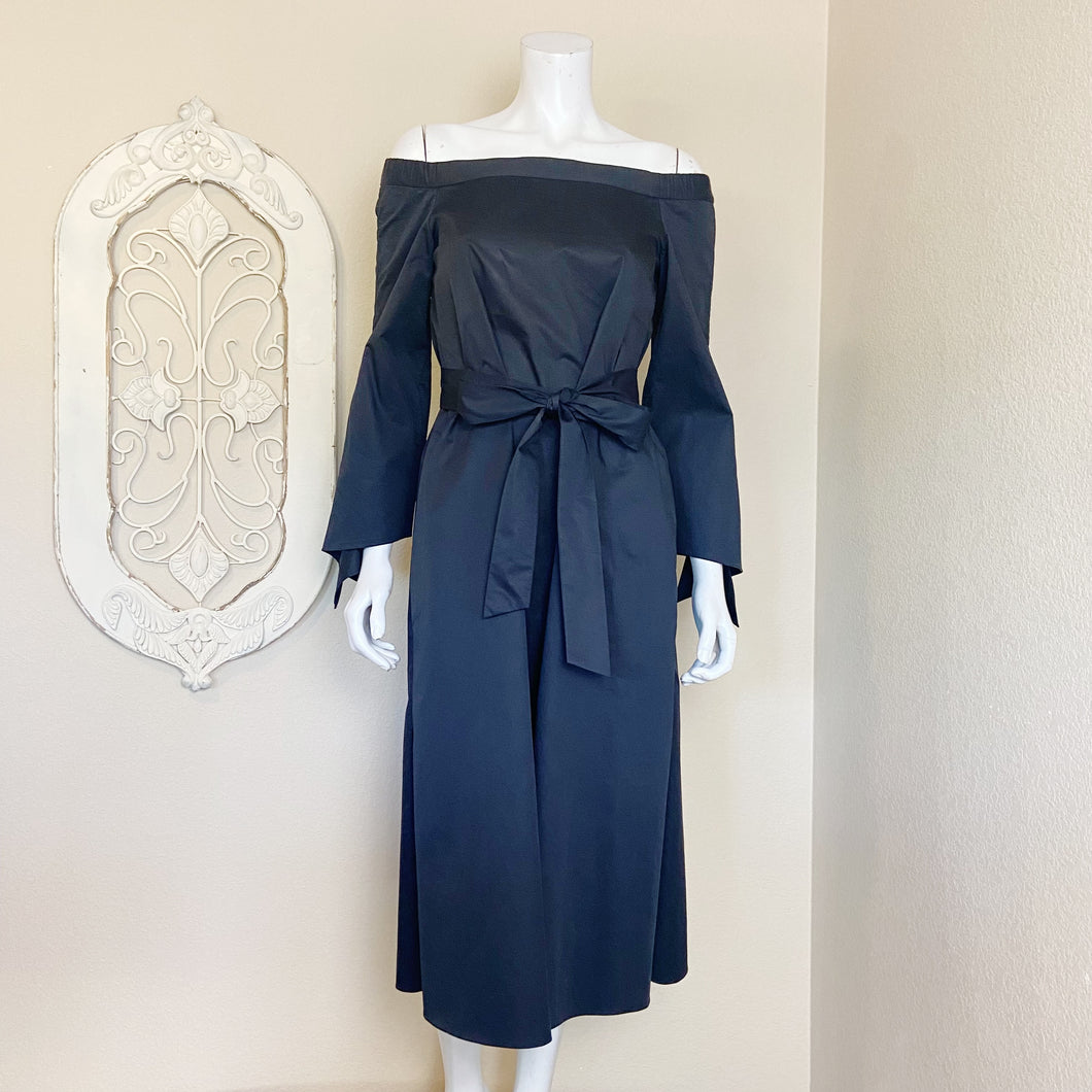 Tibi | Womens Black Off Shoulder Tie Waist and Sleeve Midi Dress | Size: 0