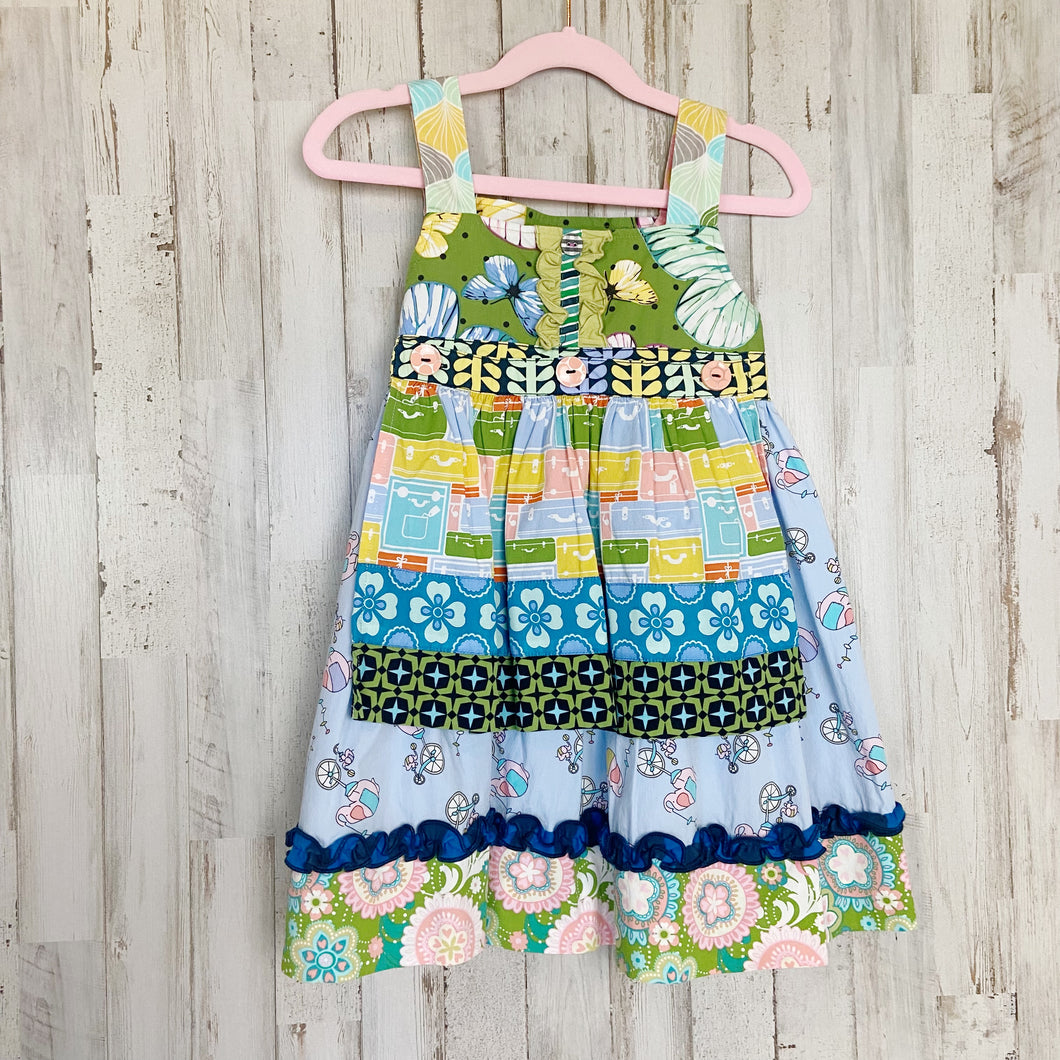 Matilda Jane | Girls Tiered Blue and Green Patchwork Apron Front Sleeveless Dress | Size: 4T