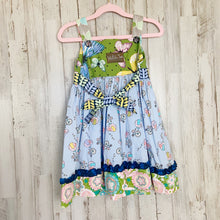 Load image into Gallery viewer, Matilda Jane | Girls Tiered Blue and Green Patchwork Apron Front Sleeveless Dress | Size: 4T
