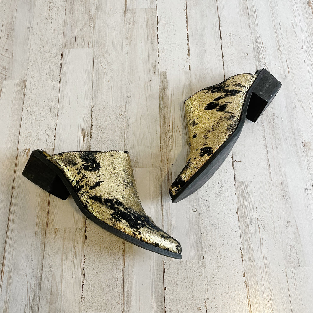 Very Volatile | Womens Black and Gold Leather Mule Booties | Size: 7