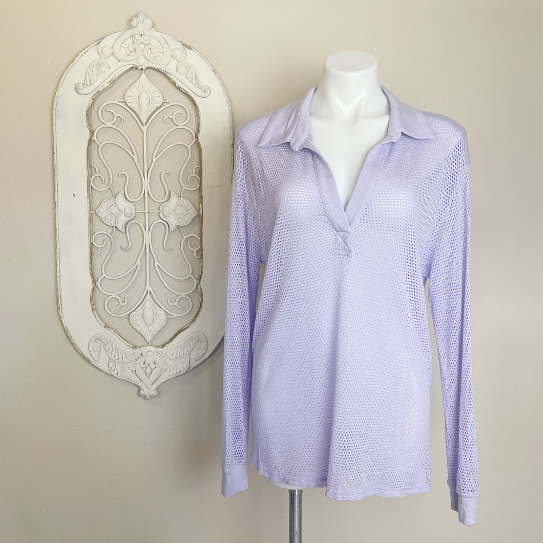 Alala | Womens Light Lavender Laser Cut Long Sleeve Top with V Neck and Collar | Size: M