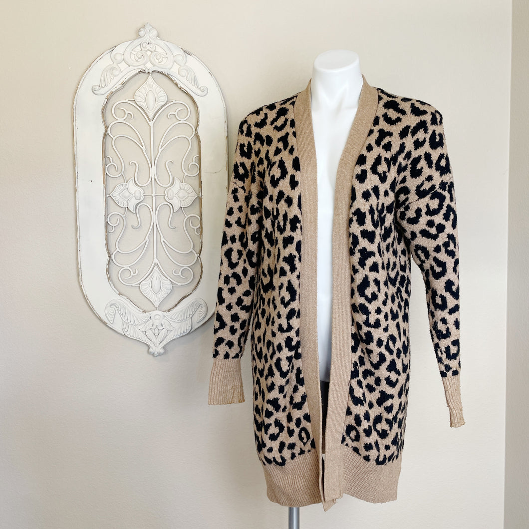 Yes Lola | Womens Black and Tan Leopard Print Open Cardigan Sweater | Size: S