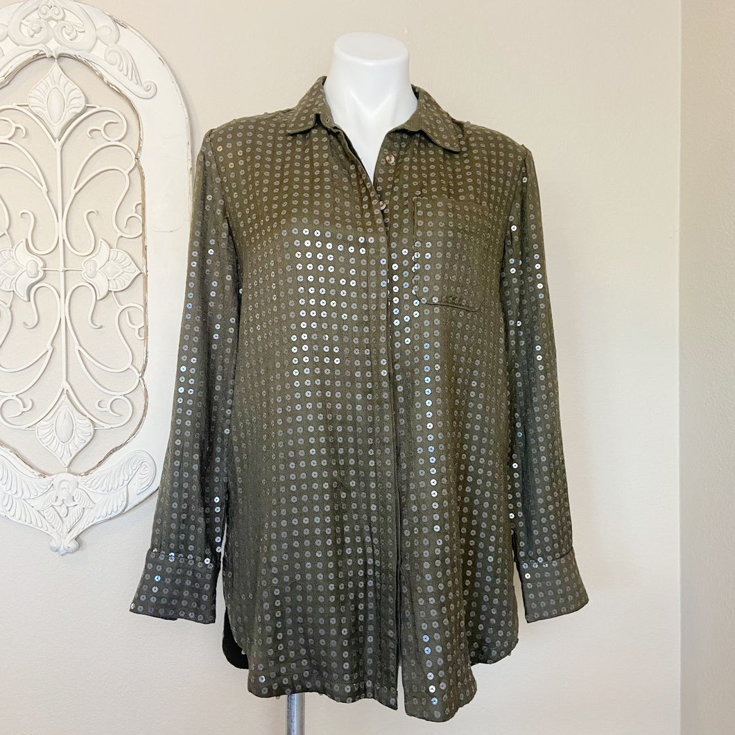 Anthropologie | Womens Maeve Army Green Clear Sequin Long Sleeve Button Down Top | Size: S