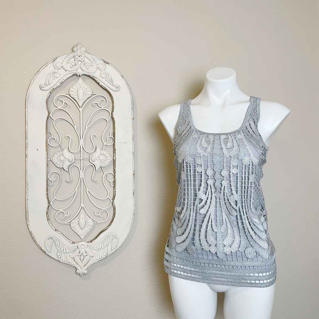 Express | Womens Gray and Metallic Silver Lace Overlay Tank Top | Size: XS